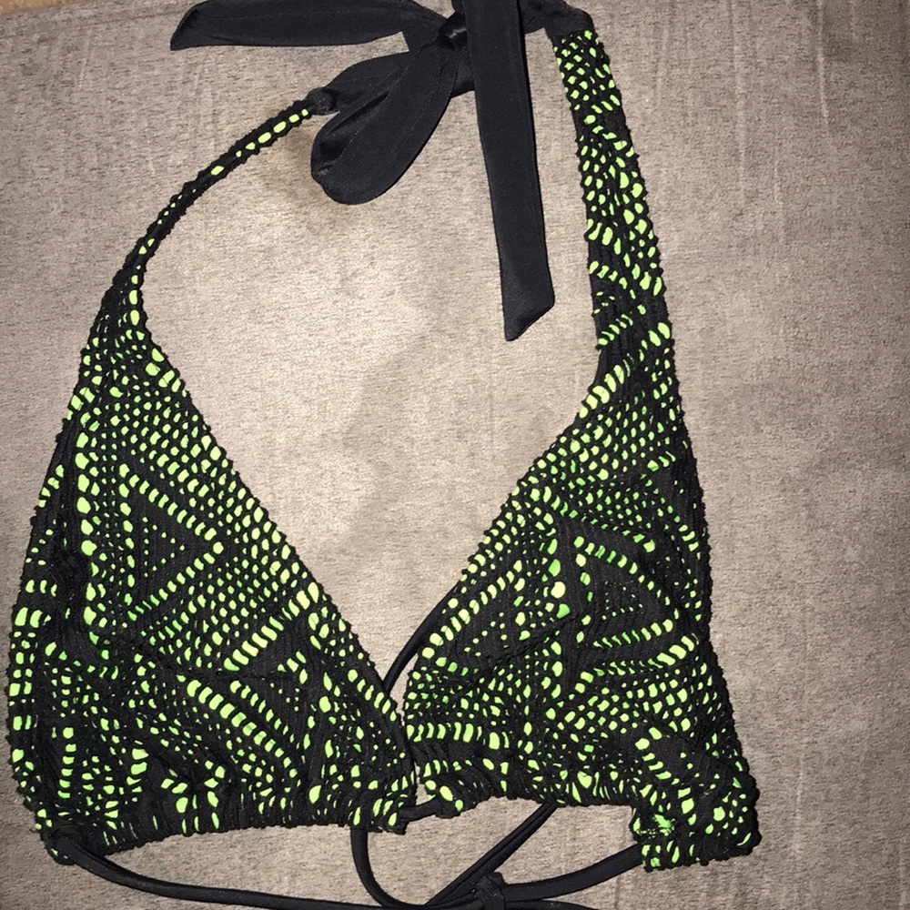 Lime green triangle bikini string with black mesh